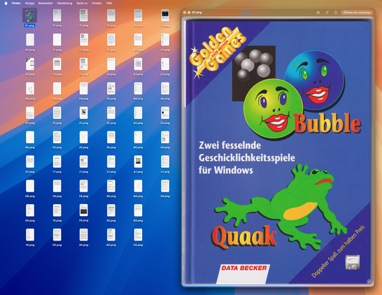 Kurzer Blick auf meinen Mac Desktop... das Einscannen des "Bubble & Quaak" Handbuchs.
