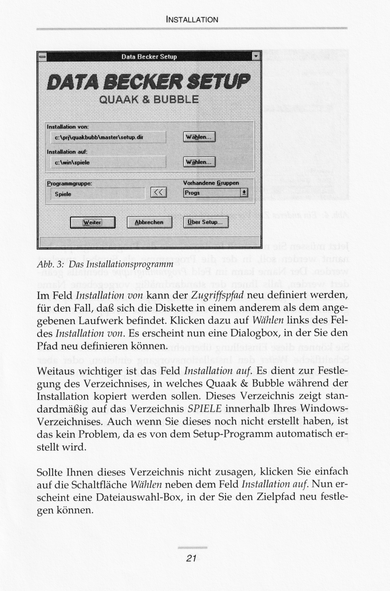 Seite 21 des "Bubble & Quaak" Handbuchs... mit Anleitung zur Installation.