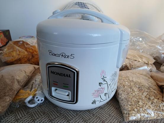 A small white rice cooker, named "Bianca Rice 5", by brand Mondial. It has pink flowers drawn on the side, a silvery panel with a single button and a couple of LEDs.

It is on a messy table full of transparent bags of oats, bran, cornflakes, sesame, etc.