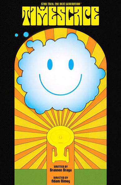 Source (I think no longer available): https://shop.startrek.com/collections/juan-ortiz/wall-decals

A wall decal for the Star Trek The Next Generation episode Timescape, featuring a cloud with a smile above a yellow Enterprise with sun streaks coming out of it (cuz it explodes in the episode)