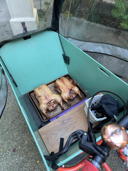 Two smoked ducks in a cargo bike