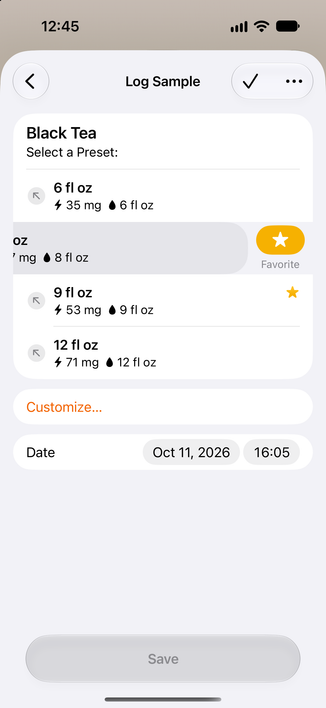 Sample editor for black tea, showing a swipe action for Favorite and a 9 oz. preset with a yellow star badge (existing favorite).