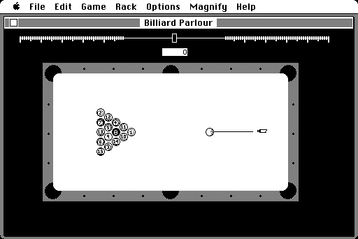 A copy of the program Billiard Parlour, running on a black and white mac. It shows a top-down view of billiard balls on a table.