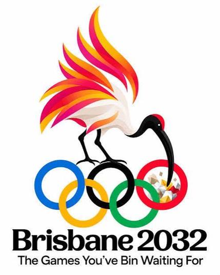 The 2032 Olympic logo, except the cockatoo feature has been turned into an Ibis. The logo reads "The games you've bin waiting for". One of the Olympic rings has been turned into a bin, which the Ibis is pecking rubbish out of.