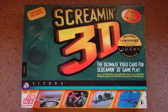 photo of the box for a 1996 Sierra "Screamin' 3D" video accelerator card, the very first commercially available 3D accelerator for PCs. Shaded yellow and orange 3D text on a green background, with the Sierra black bar + logo band along the bottom (and below that, promos thumbnails for pack-in games?), and a sticker on the box declaring specific support for Quake.
source: https://www.vogons.org/viewtopic.php?t=17341&start=5000