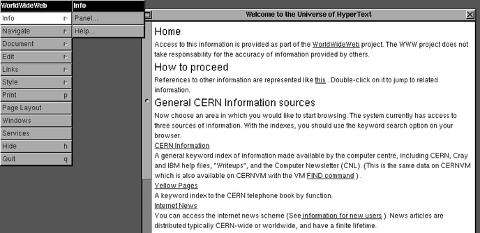 A faux NeXTStep interface, all in greyscale, showing tim berners-lee's WorldWideWeb browser running live in a safari browser window.