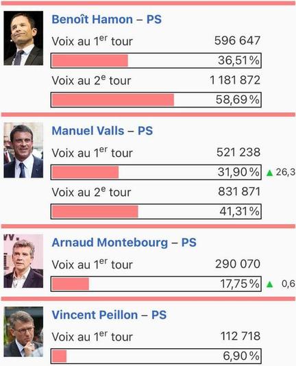 Image des résultats de la primaire de 2017
Benoît Hamon a fait 596000 voix au premier tour soit plus de 7 fois plus que gluglu
