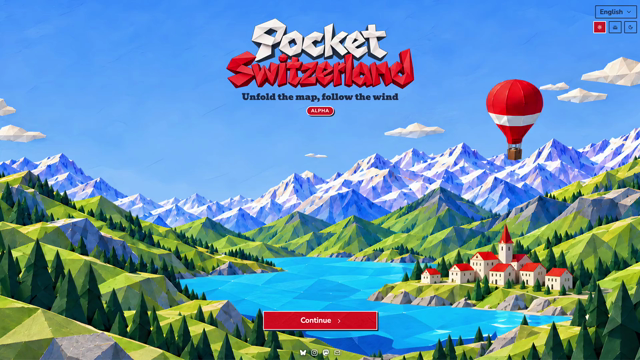 Video game of a hot-air balloon flying over Switzerland, with a marmot charachter presenting the features of the game: treasure hunt, riddle, make new friends, find new tools.