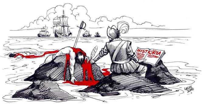 A "conquistador" sits beside a bloodied indigenous body, with Spanish ships in the background and a book labelled HISTORIA being written in blood.
A cartoon by Carlos Latuff 2008