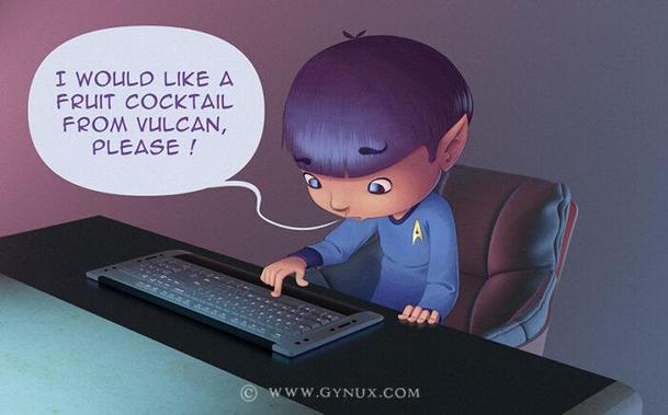A character with pointy ears is ordering a drink looking at a keyboard and pressing a large key.
