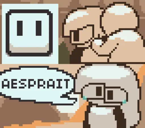A Pixel Art Comic based on that God of War meme.

Panel 1: while someone is talking to her, Anubi stares angry to the side, where she notices the Aseprite logo in a fake png

Panel 2: Anubi remembers how nice Aseprite was to her, and starts crying while saying Aseprite's name, or at least how it's pronounced in Spanish, "AESPRAIT"