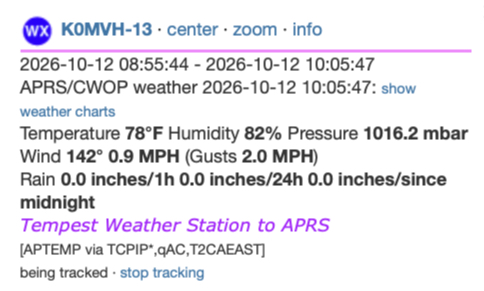 A screenshot showing an APRS beacon with local weather information