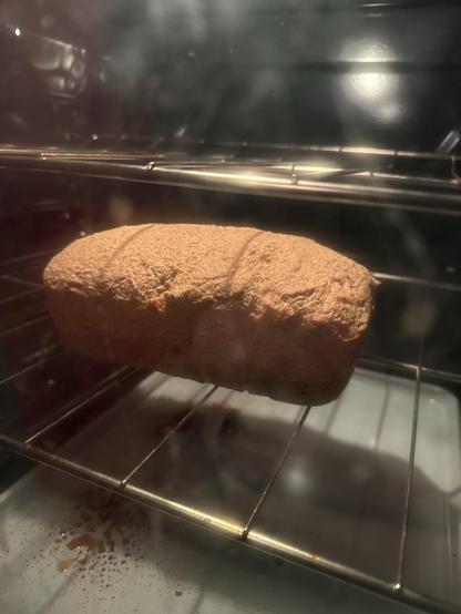 A medium brown loaf of buckwheat bread sitting sideways an oven rack. It looks like it's levitating. There's a baking pan on the floor of the oven underneath it that is splattered with burnt butter that dripped over the sides of the pan during the first portion of baking.