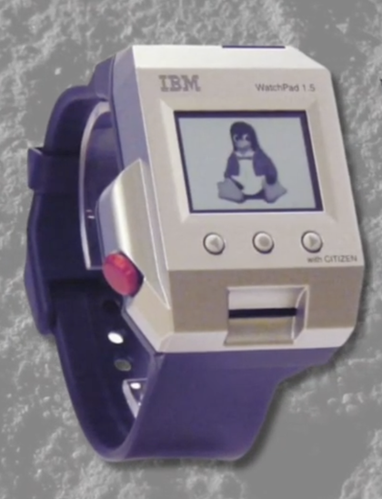 A purple and silver IBM smartwatch, running Linux on a tiny grayscale display; from around 2001