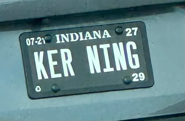 An Indiana license plate, labeled "KERNING", but with a space between KER and NING.