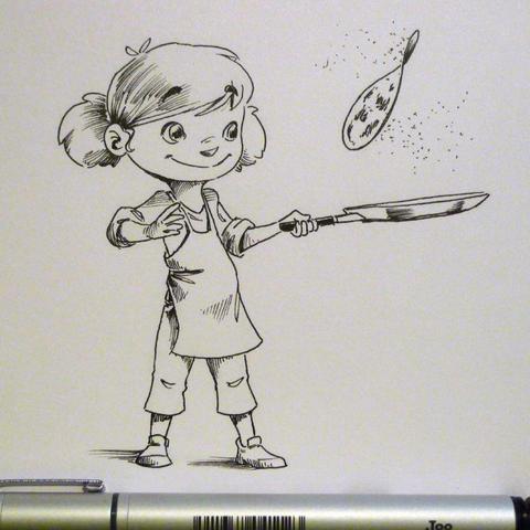 A character is tossing a "crêpe" (some kind of thin and large pancake)