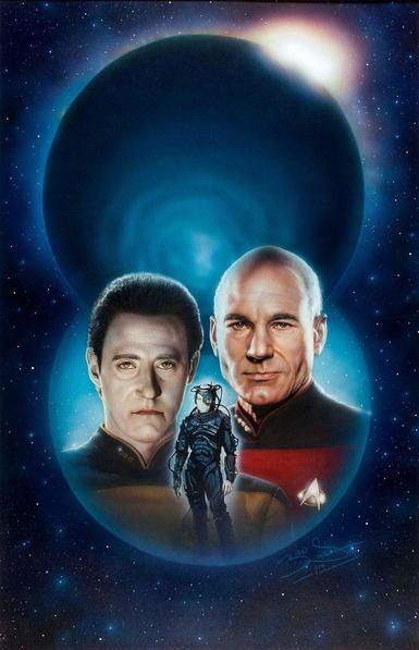 Artist: Keith Birdsong

Source:
- https://memory-beta.fandom.com/wiki/Descent?file=Descent_art.jpg
- https://memory-beta.fandom.com/wiki/Keith_Birdsong
Created: 1993

Cover art for the novelization to the Star Trek The Next Generation 2-part episode Descent, featuring the faces Data and Picard, and between them is the figure of the freed Borg Hugh.