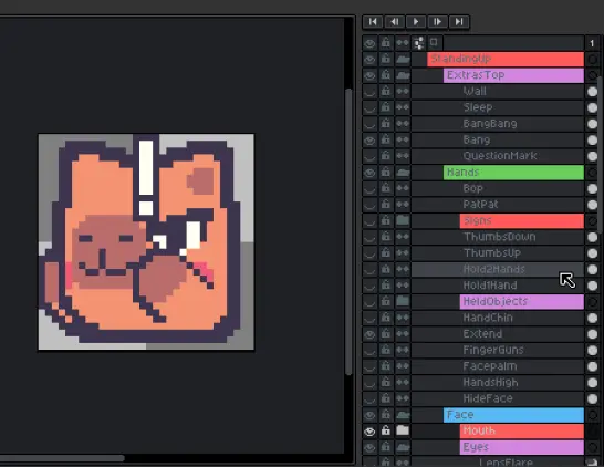 A Screenshot of Aseprite showing the source file for the emojis open, featuring a bunch of differently colored Aseprite folders with lots of layers for every kind of expression/addon. The selection made shows an Neocapy extending their arms upwards with a smile, anime eyes, blush and a bang expression at the top.