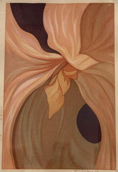 An abstract artwork featuring soft, flowing shapes in shades of peach, orange, and brown, reminiscent of flower petals. The composition includes curves and a dark oval shape, creating a harmonious blend of colors and forms.