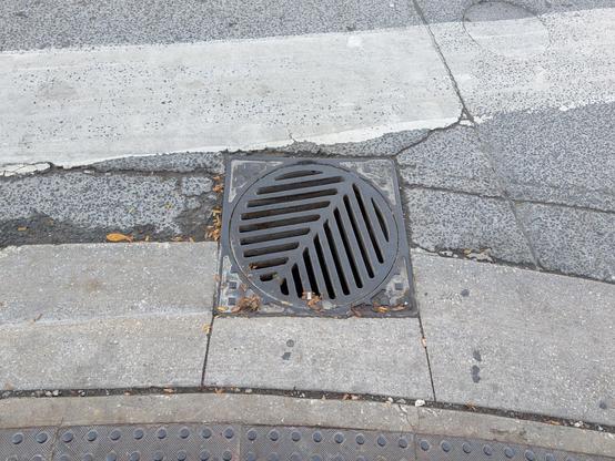 A round iron storm drain cover set in a square iron frame on the corner of a street.  The storm drain louvers are arranged in a herringbone pattern, and the slots are pointed in the direction that a bicycle wheel would roll.
