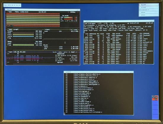 Three terminal windows: one showing bpytop, revealing a maxed-out CPU. Another showing top - it agrees. Third showing an ongoing build process with CC invocations.