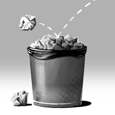 A black and white illustration of a garbage can full of wadded-up paper. The can is a shiny dark gray with a black garbage bag inside. The balls of paper are coming out of the top, and there is one laying on the floor and one flying through the air, bouncing off the pile in the can. A dashed line traces its path. The background is a pale gray that fades to white at the bottom.