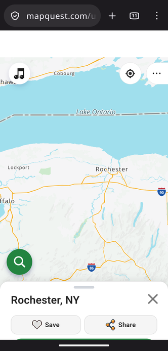 Mapquest depiction of Rochester, on the shore of Lake Ontario.