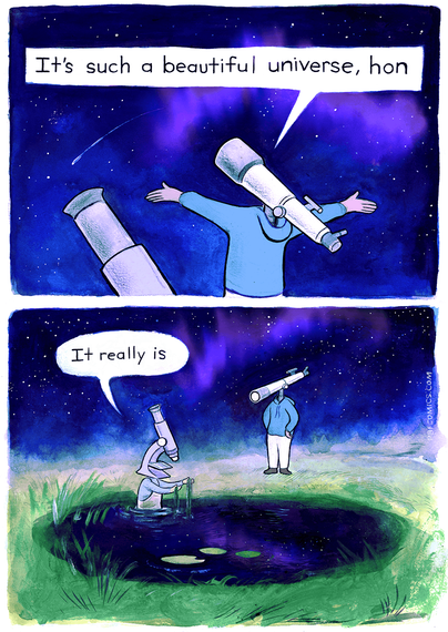 A two-panel comic strip, stacked vertically. The first panel shows a majestic, cloudless, starry night sky, with a comet streaking across the northern lights. A young-looking humanoid with a telescope for a head, wearing a blue hoodie, stretches their arms out towards the sky and says, "It's such a beautiful universe, hon" At the bottom, you can also see what might be another telescope.
The second panel zooms out to reveal another humanoid with a microscope for a head, standing waist deep in a circular pond surrounded by vegetation and water lilies. Holding some kind of algae in their hands replies to the first one, "It really is"