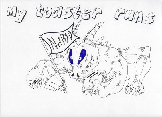 A doodle by Ángel Ortega with a hideous horned monster with a flag and a toaster surrounded by the text "My toaster runs NetBSD"