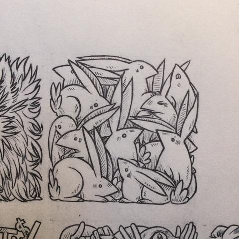 An ink drawing with lots of rabbits compacted into a square