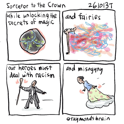 Mysterious stone; monstrous flame; Black man with wizard staff; South Asian woman riding cloud
