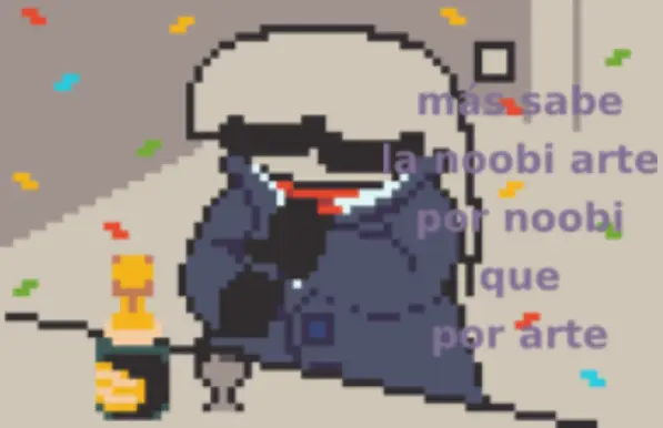 An Edit in low quality that features the same Anubi in a suit from the second panel, but with some text besides her that reads "más sabe la noobi arte por noobi que por arte", or translated from spanish, "the noobi arts knows far more about things because she's a noobi rather than from arts"