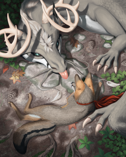 A detailed and fairly realistic illustration of a fluffy dragon with antlers and a gray fox on the forest floor. The dragon is sticking out its tongue.