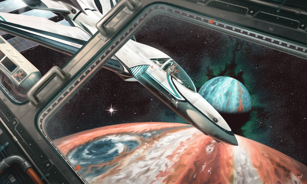 A gray fox pilots a space ship. It is seen from inside another vessel or station orbiting a double planet - two gas giants orbiting a common barycenter. The planets are orange and blue.