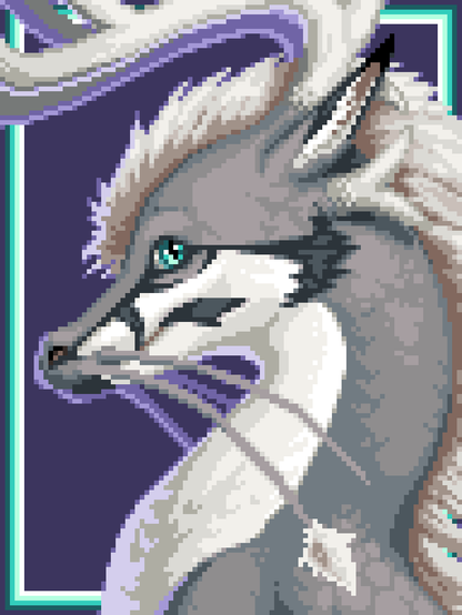 Pixel art of my dragon against a purple background. Just her from the neck up, posing a bit hesitantly, but looking fancy.