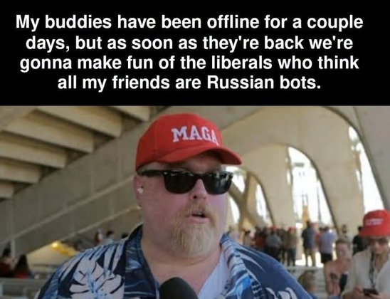 My buddies have been offline for a couple
days, but as soon as they're back we're
gonna make fun of the liberals who think
all my friends are Russian bots.