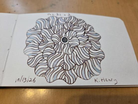 Hand drawn generative/procedural art in ink on an open page of my sketchbook. The abstract pattern is floral.