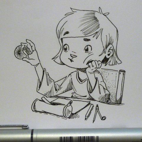 A character at a desk, squishing a little thing that could be a protractor.