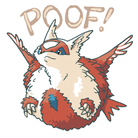 A super fluffy cartoonish Latias Ren. She is round and poofy. Behind her reads the word "Poof!"