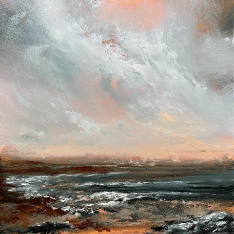 Original seascape oil painting by Tisha Mark, "In the Afterglow" oil on Ampersand Gessobord, 8"x8" (2026). This atmospheric seascape painting has an orange-toned sunset sky with stormy cloud formations over a dark sea meeting a reddish earth-toned rocky shore on the left.