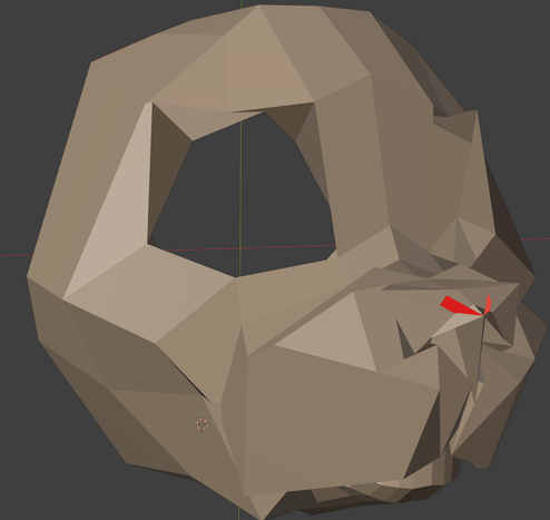 Subdivision surface model of the base mesh for a feline face mask, with no subdivision at all.  It is tan over a grey background, screen captured from Blender