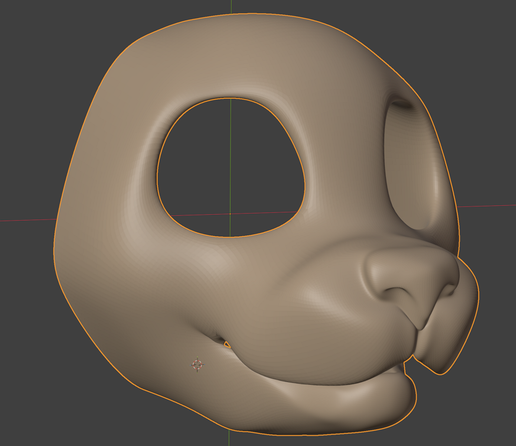 Subdivision surface model of the base mesh for a feline face mask, with 4 levels of subdivision.  It is tan over a grey background, screen captured from Blender