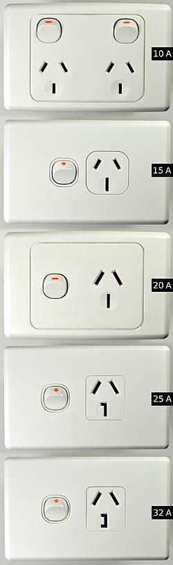 All Australian three pin plug standards. From regular 10amp at the top, then 15amp and 20amp, then on to the weird and uncommon 25amp and 32amp variants (with inverted L and backward C earth pins)
