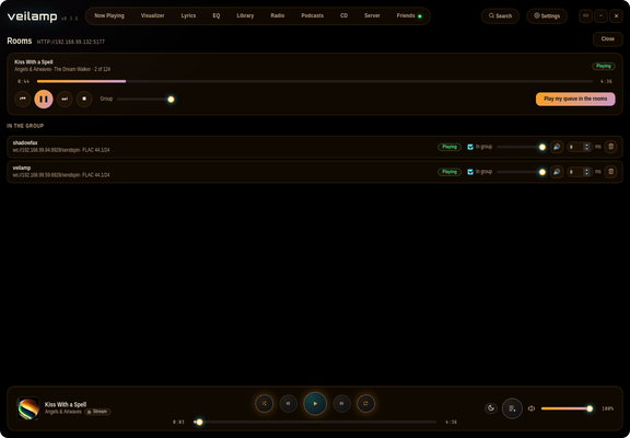 Screenshot of #veilamp showing a WIP build of Multi-Room playing