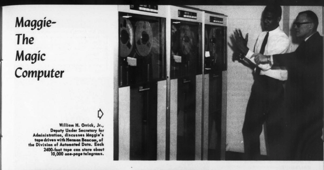 The headline "Maggie--The Magic Computer" and an image of two people standing near a computer that looks like three washing machines