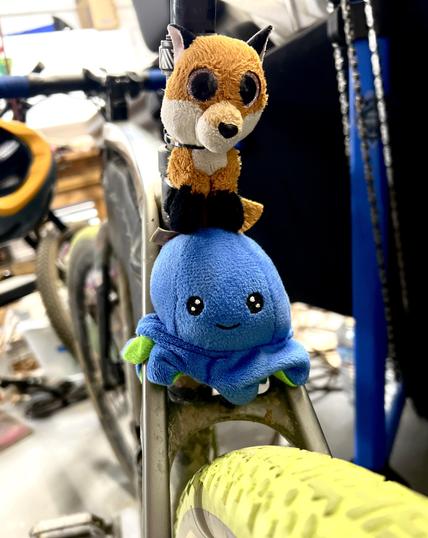 A small fox plushie sits atop a small blue octopus plus. They are attached to the seat stay on the rear of my gravel bike.