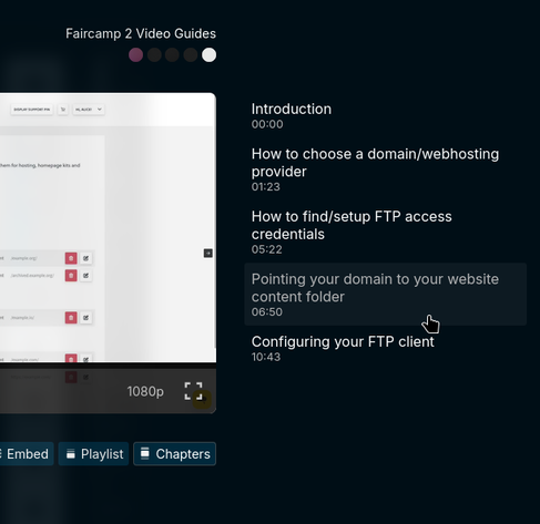 Right edge of a Hyper 8 video page: There is a sidepanel with a list with chapter titles and timecodes, one of them is being hoverered by the cursor. On the bottom-right under the video player itself there is a "Chapters" button that has a slight visual indicator of being active.