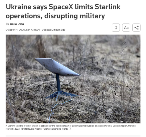 Image of the top of the article
Contains image of a Starlink satellite internet system set up near the frontline town of Bakhmut amid Russia's attack on Ukraine, Donetsk region, Ukraine March 8, 2023. REUTERS/Lisi Niesner