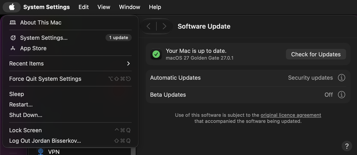 Screenshot showing macos menu saying "1 update" and the Settings app saying "Your Mac is up to date"