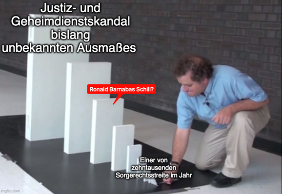 Das Dominostein-Meme: Am kleinsten Stein die Überschrift "Einer von zehntausenden Sorgerechtsstreite im Jahr", am größten Stein: "Justiz- und Geheimdienstskandal bislang unbekannten Ausmaßes". Ergänzt in roter Schrift an einem Stein in der Mitte: "Ronald Barnabas Schill?"